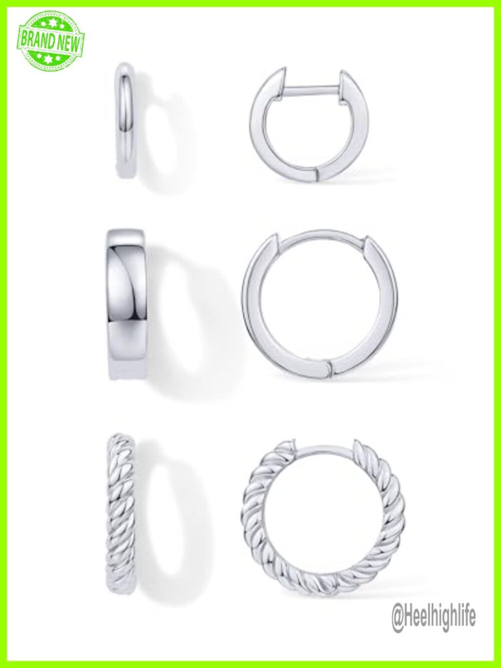 Huggie Hoop Earrings Set Rhodium Plated Hypoallergenic Latch Back